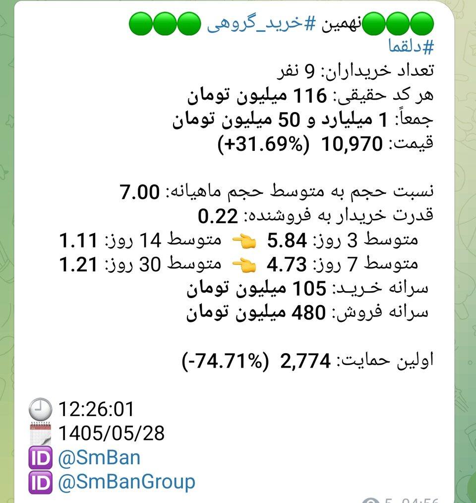 پیام نهمین خرید گروهی نماد دلقما در 1405/05/28 ساعت 12:26:01 — 9 خریدار حقیقی، هر کد 116 میلیون تومان